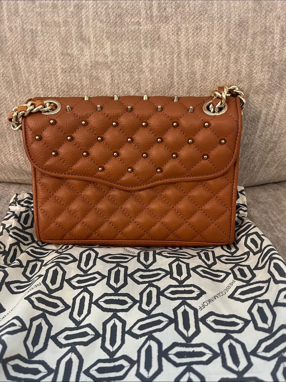 Rebecca Minkoff Quilted Mini Crossbody Bag in Cognac Brown with Gold Hardware - Picture 1 of 4